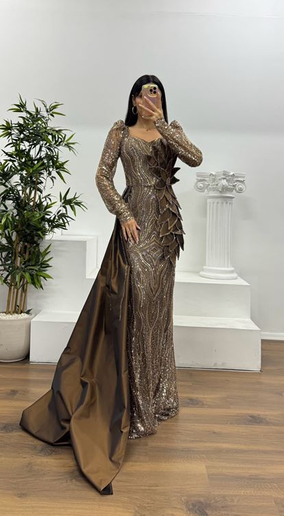 Vizon Çiçek Detay İşlemeli Abiye Elbise